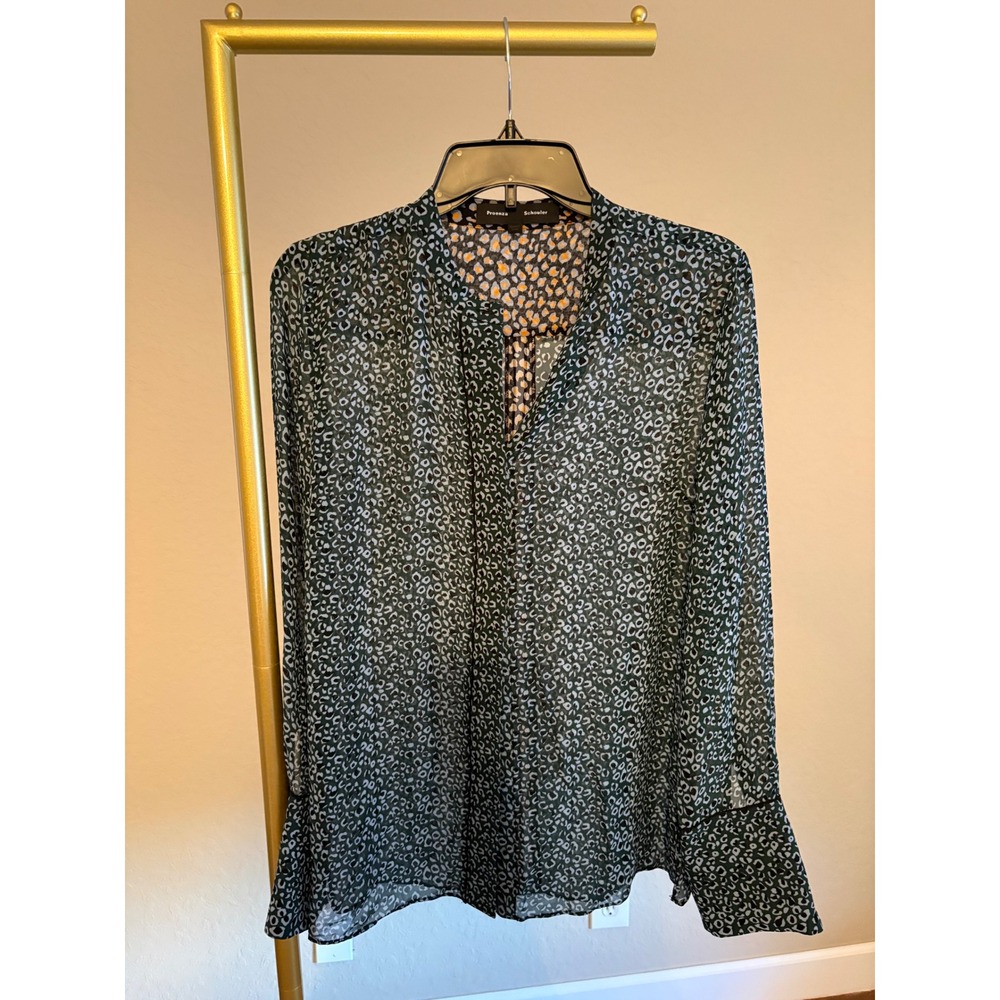 Proenza Schouler Green Leopard Print 100% Silk Blouse Top Size 2 Old Money
